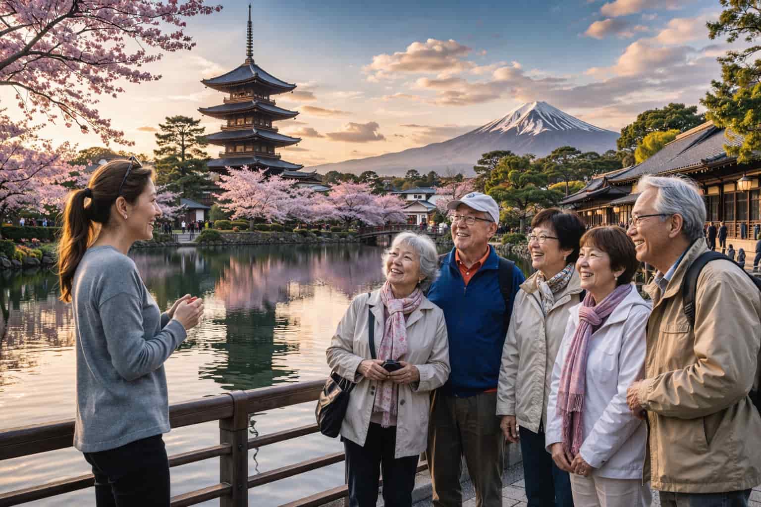 Beautiful Japanese garden scene with Mount Fuji, cherry blossoms, and happy travelers.